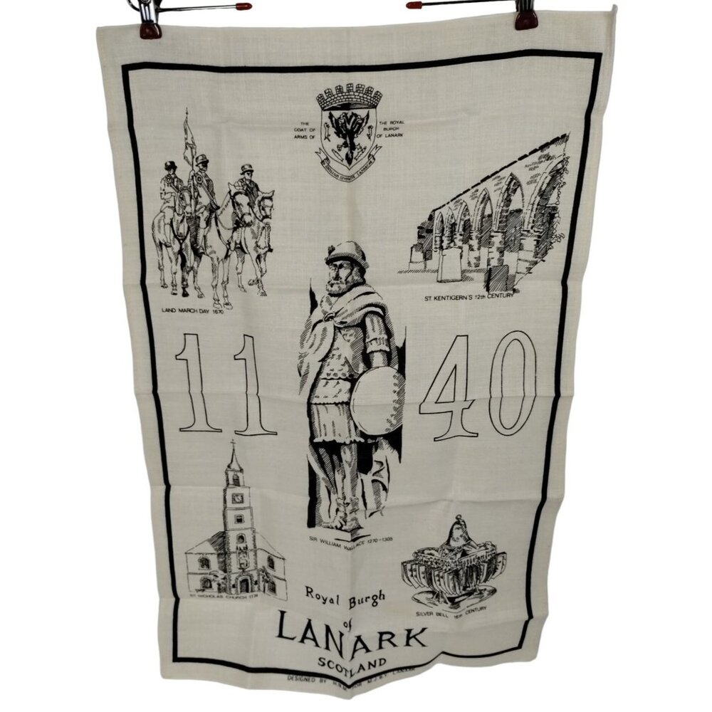 Vintage Royal Burgh of Lanark Scotland Souvenir Tea Towel Coat of Arms 19 x 30